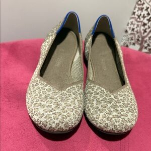 Rothy's Taupe Animal Print Flats with Blue Trim
